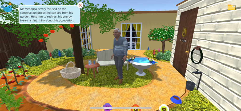 CarePlay - 케어플레이 앱의 3D 게임 플레이 장면, 거주자의 에너지 전환을 돕는 대화 상자가 있는 정원에 있는 노인 거주자를 보여줌