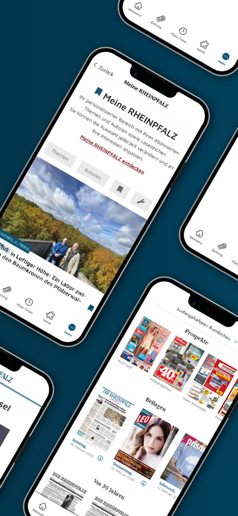 DIE RHEINPFALZ – Nachrichten - Pantallas móviles que muestran las funciones de la aplicación DIE RHEINPFALZ, incluyendo noticias personalizadas y folletos digitales.