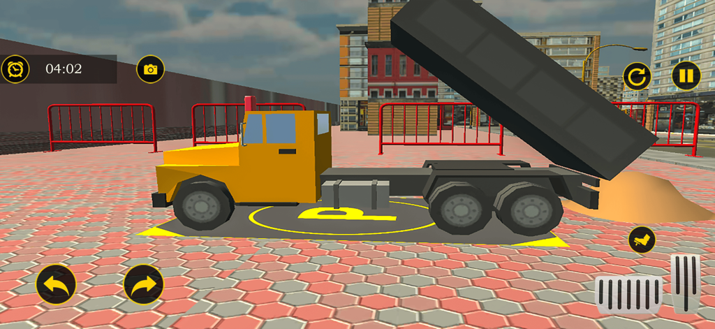 Futuristic Excavator Simulator - Captura de pantalla del juego de un camión volquete amarillo descargando arena en un entorno urbano dentro del Simulador de Excavadora Futurista