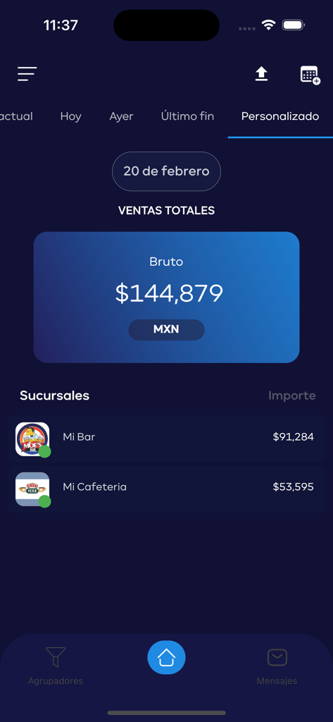 GURU App - GURU App mobile interface showing total gross sales and revenue breakdown for multiple business branches