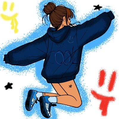 realistic girl jumping with a bun and oversized sweatshirt