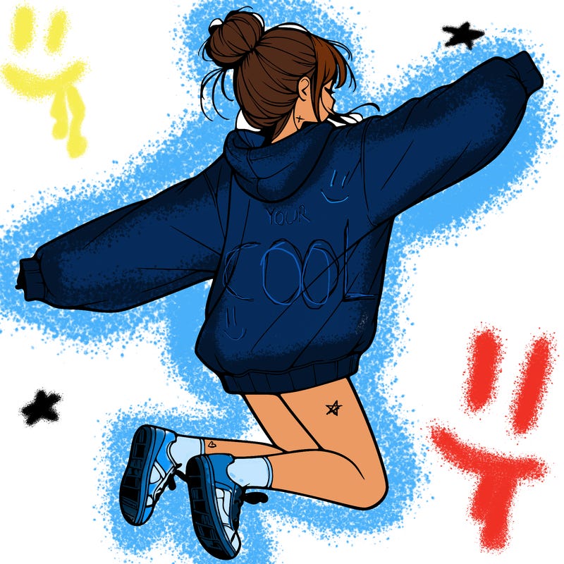 realistic girl jumping with a bun and oversized sweatshirt