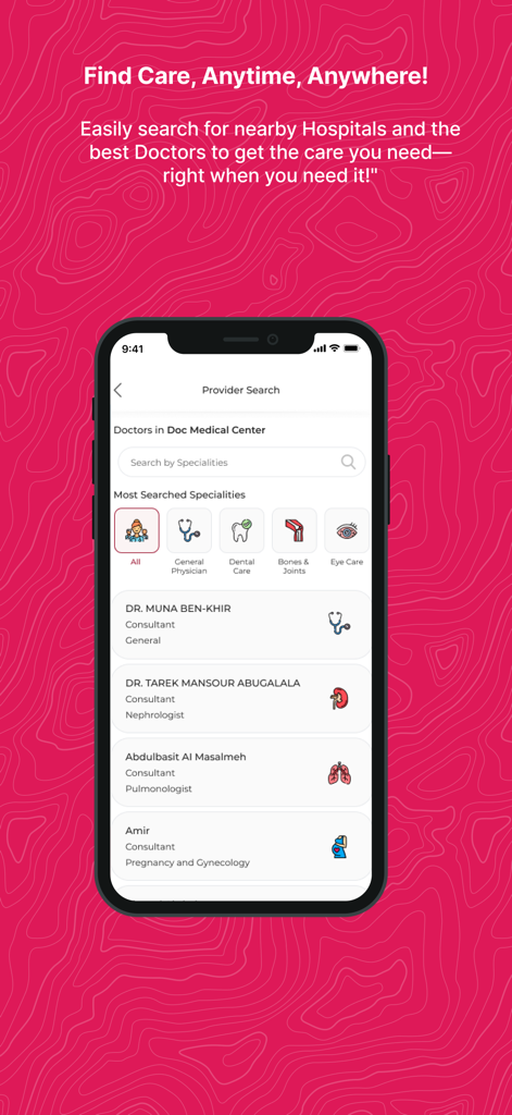 Benutzeroberfläche der OQIC Medical App, die den Anbieter-Suchbildschirm mit einer Liste von Ärzten und durchsuchbaren medizinischen Fachgebieten anzeigt