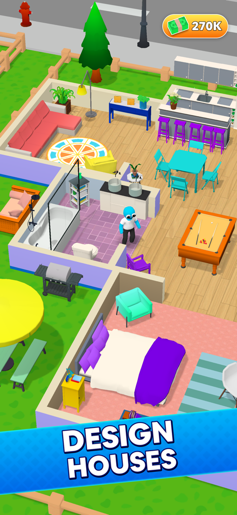 가구와 방 배치가 있는 Be My Guest Landlord Sim의 다채로운 3D 아이소메트릭 하우스 내부.