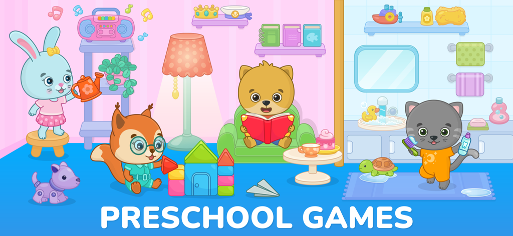 Personnages Bimi Boo effectuant diverses activités comme lire, jouer avec des blocs et se brosser les dents dans une pièce colorée