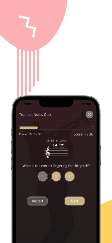 Trumpet notes quiz showing a musical staff and interactive valve buttons