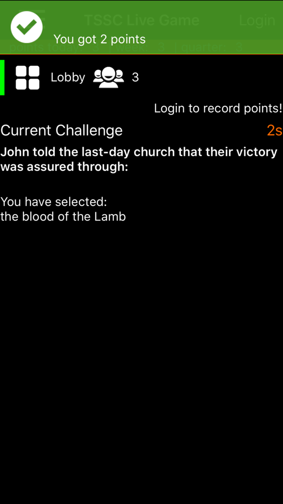A live trivia question screen from The Sabbath School Challenge app showing points earned and the current Bible challenge.