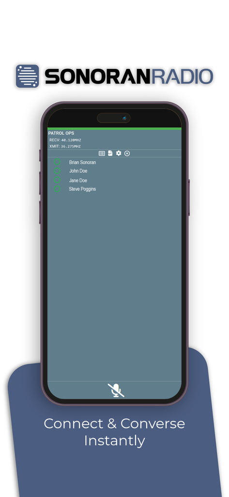 Mobile interface of Sonoran Radio showing active users in a patrol communication channel.