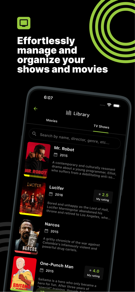 Cineswipe app library interface displaying a list of tracked movies and TV shows