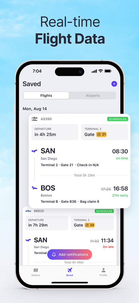 Smartphone screen displaying real-time flight data including status gate numbers and departure times in the Planes Live app