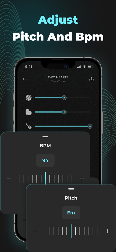 Interface of Music Separator app showing pitch and BPM adjustment sliders and controls for individual audio tracks.