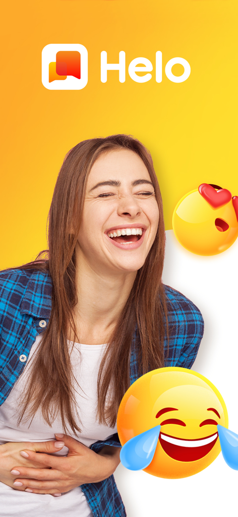 Helo App Logo mit einer lachenden Frau und Social-Media-Emojis auf gelbem Hintergrund