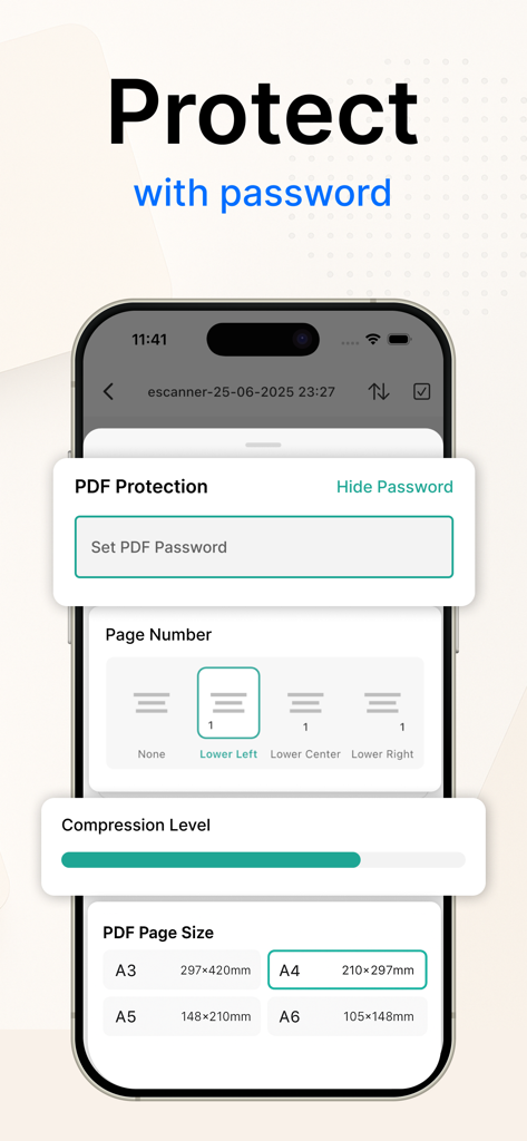 Photo to PDF converter scan. - Una pantalla de smartphone que muestra opciones de seguridad y formato de PDF, incluida la protección con contraseña, la numeración de páginas, la compresión y el tamaño del papel.
