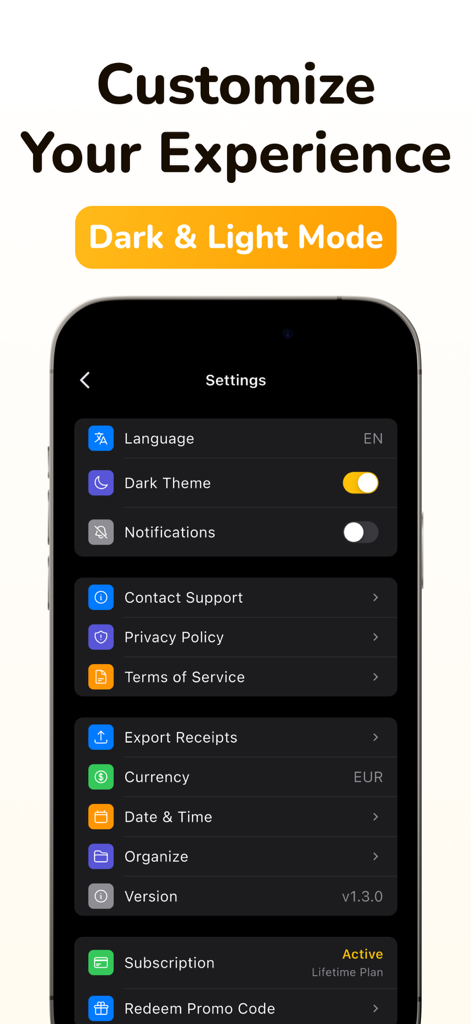Receipto: Tax Receipt Scanner - Receipto app settings screen showing dark mode theme toggle and customization options for users.