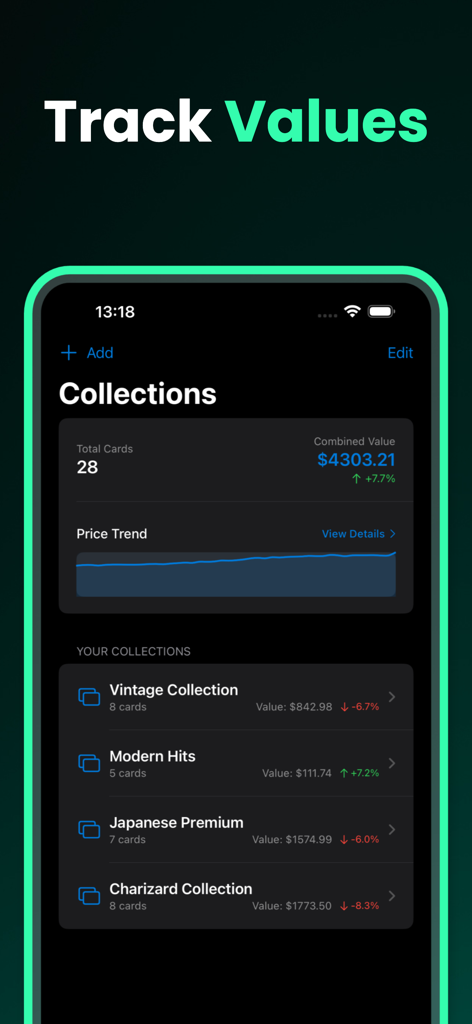 Card Scanner for Pokémon Dex - Mobile app interface displaying total portfolio value and price trends for several Pokemon card collections
