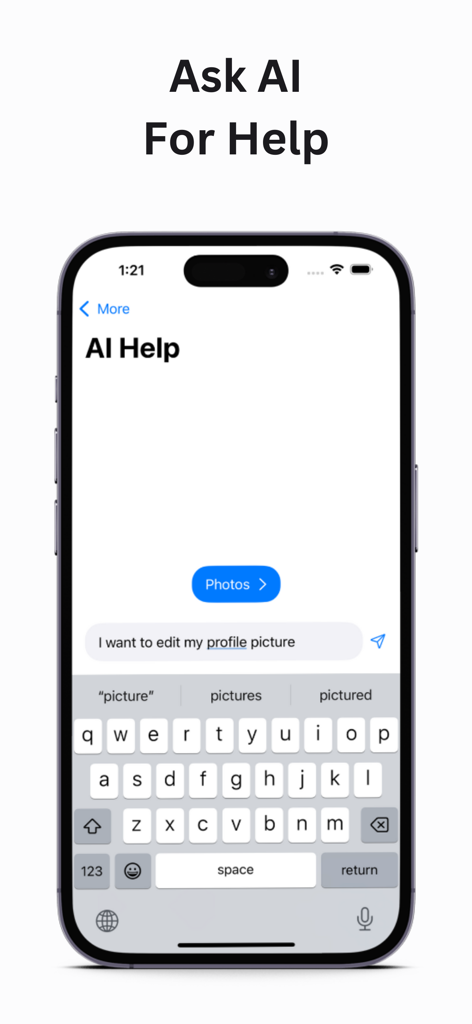Roomie - Find a Roommate - Smartphone screen displaying the Roomie app AI help interface where a user can ask for assistance through a chatbot.