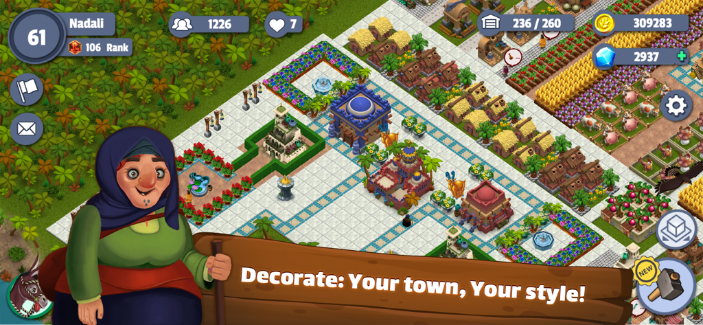 Sun City Builder gameplay showing town decoration with Persian style architecture and farm animals