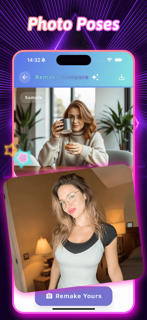 Interface of the Kyler app showing the photo pose remake and compare feature with sample and user photos