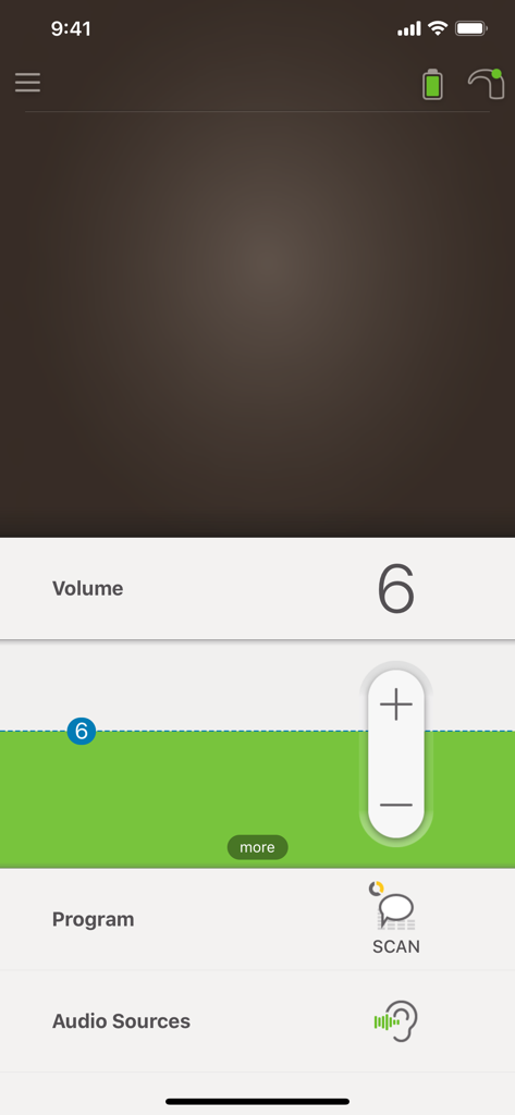 Écran de l'application Nucleus Smart affichant le réglage du niveau de volume et les paramètres de programme pour un processeur de son.