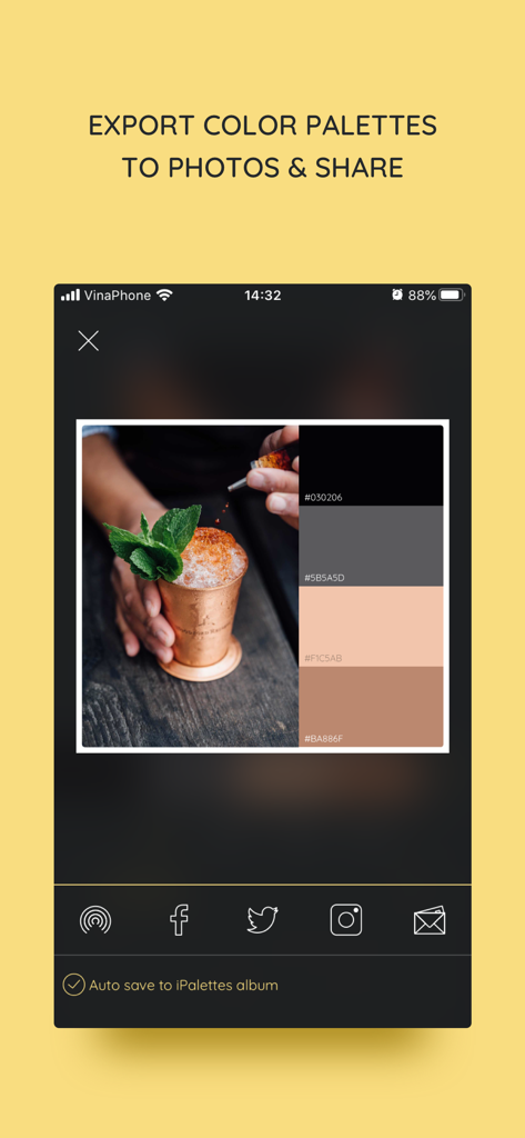 Oberfläche der iPalettes-App, die eine aus einem Foto generierte Farbpalette und Optionen zum Teilen in sozialen Medien zeigt