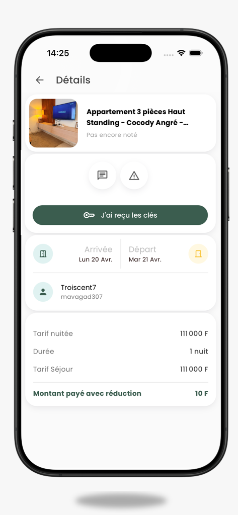 Awlo - Tela do aplicativo móvel Awlo mostrando detalhes da reserva e preço de um apartamento mobiliado de luxo em Abidjan