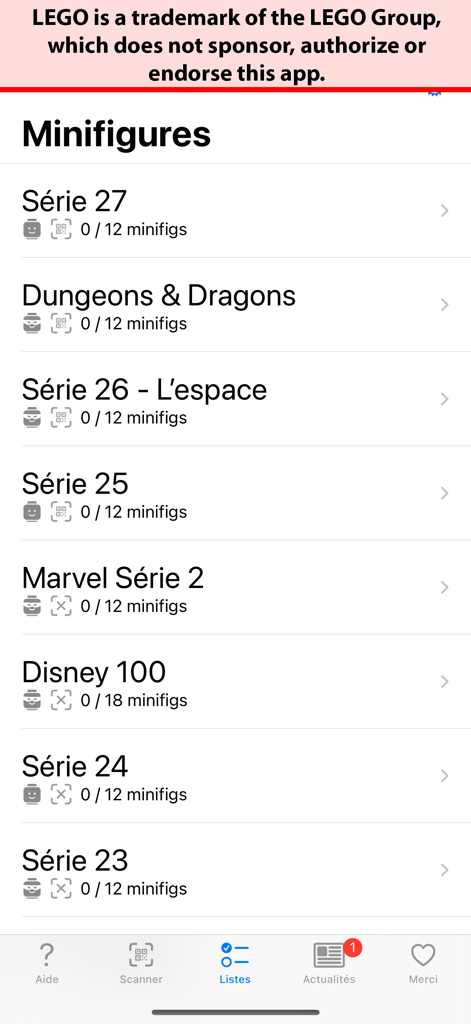 Minifig Scan - Mobile app interface displaying different LEGO minifigure series and collection progress