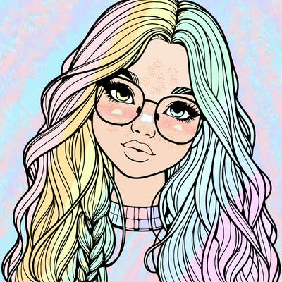 girl with long hair and freckles and glasses realistic