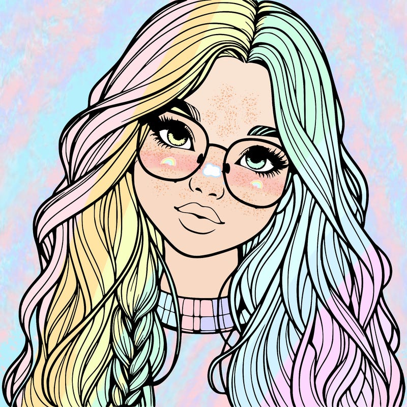 girl with long hair and freckles and glasses realistic