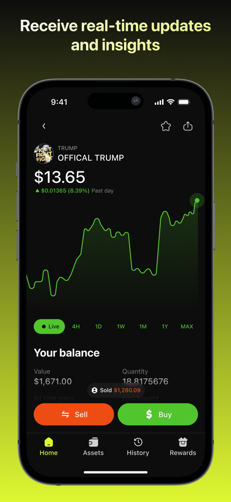 DexToro mobile app interface showing a real-time price chart for a memecoin with buy and sell trading buttons.