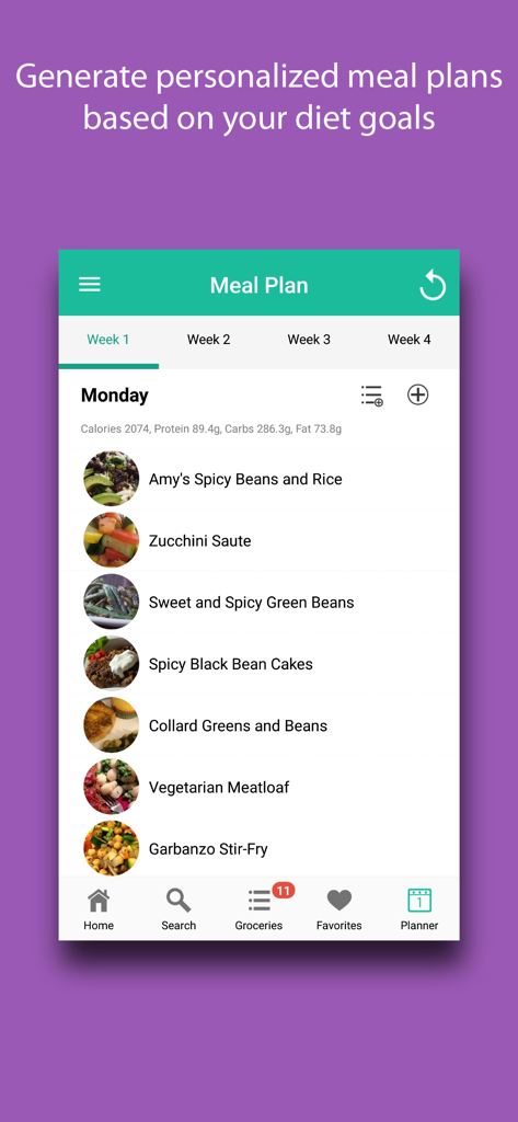 Diet Meal Planner - A mobile screen showing a personalized meal plan for Monday with a list of healthy recipes and macro nutrition totals