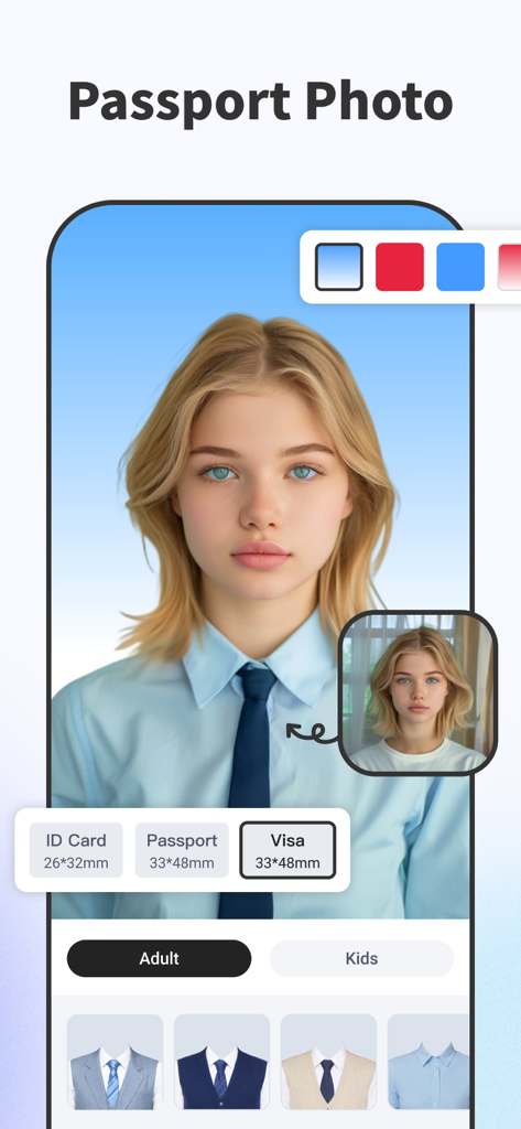 AI Background - Pokecut Studio - Mobile app interface for generating professional passport and ID photos using AI to change backgrounds and clothing