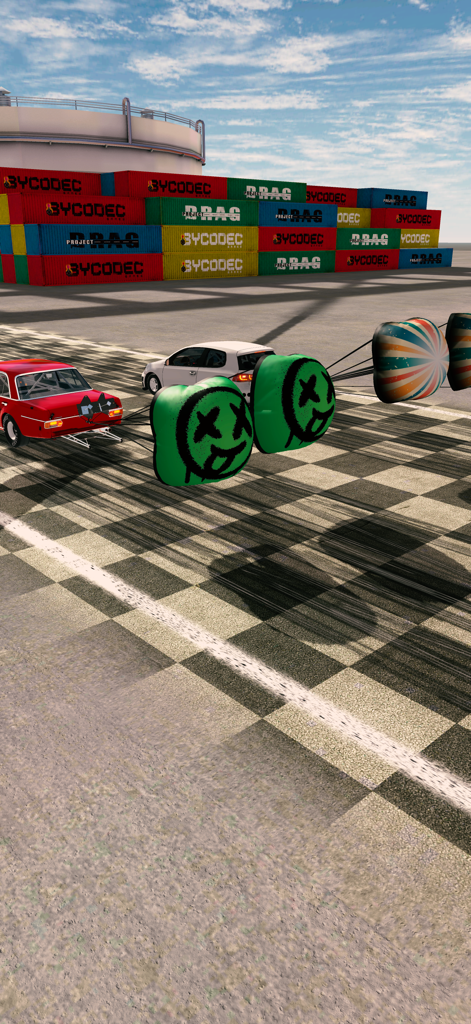Project DRAG : Online - Two customized cars deploying parachutes while crossing the finish line in a drag race.