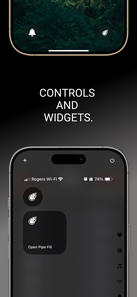 A smartphone screen displaying the Pipe Fill Calculator app controls and home screen widgets
