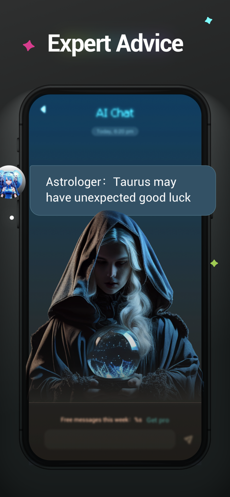 AI ChatBot GPTalk AI Generator - A smartphone screen displaying the GPTalk AI app with an astrology reading from an expert AI agent