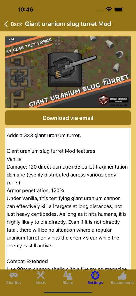 RimW - Game Mods (RW, Rim) - RimWアプリで、RimWorld用の巨大ウラン砲塔MODの詳細ビューを表示し、ステータスとダウンロードボタンを示しています。