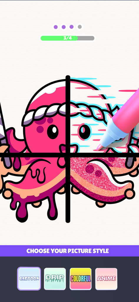 Drawing Carnival - A digital octopus drawing split into four sections with different art styles like cartoon and glitter