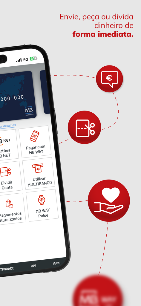 Ecrã de smartphone exibindo as funcionalidades da aplicação MB WAY para transferências de dinheiro e pagamentos instantâneos