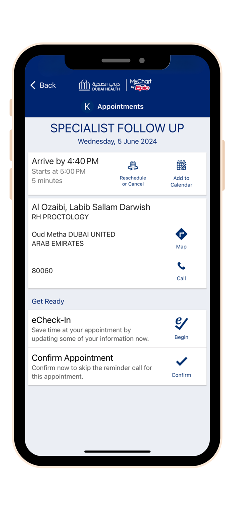 Dubai Health - دبي الصحية - Dubai Health mobile app screen displaying details for a specialist follow up appointment