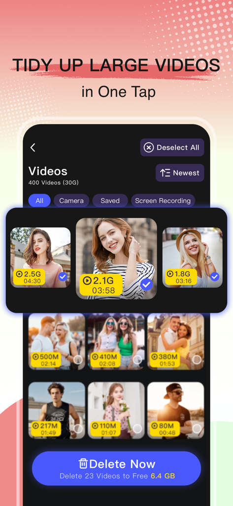 Quick Cleaner app interface showing how to delete large videos in one tap to free up storage space