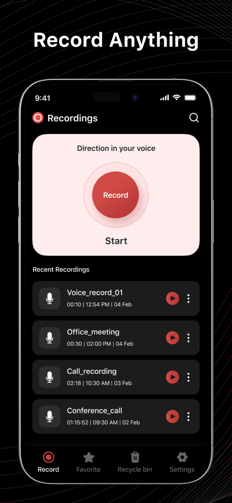Voice Recorder : Voice Memos - Pantalla principal de la app Grabadora de Voz mostrando un gran botón de grabar y una lista de notas de voz recientes como reuniones de oficina y llamadas de conferencia