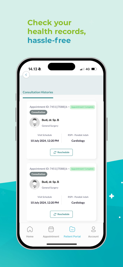 RSPI Mobile - Uma tela de celular do RSPI Mobile exibindo uma lista de históricos de consultas médicas concluídas