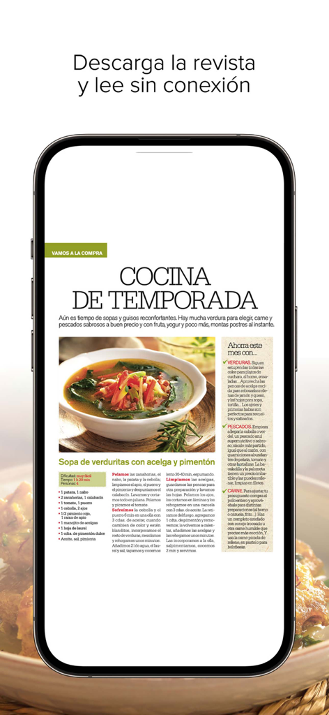 Cocina Fácil revista - Cocina Facil app showing seasonal recipes and offline reading features