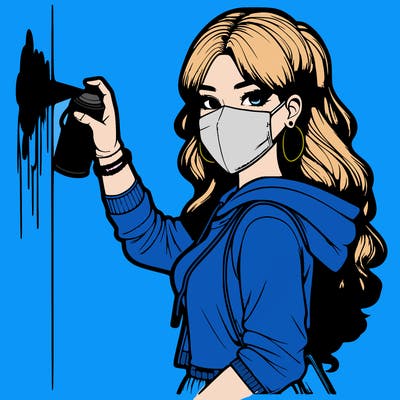 realistic girl with mask spray painting a wall