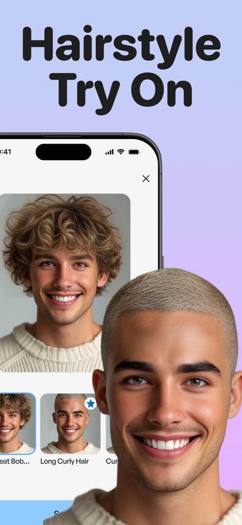 AI Hair Styles, Change Haircut - Interface de smartphone mostrando um usuário masculino experimentando diferentes penteados usando tecnologia de IA.