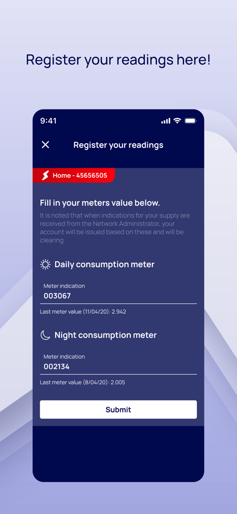 myΗΡΩΝ - Interface of the myHERON app showing the register your readings screen for daily and night consumption meter values.