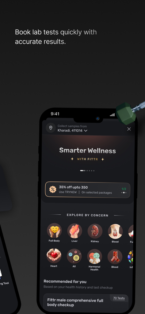 FITTR app screen for booking diagnostic lab tests and full body checkups.