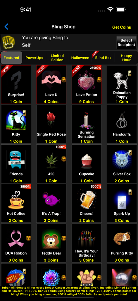 fubar 앱 Bling Shop으로, 코인으로 구매 가능한 다양한 가상 선물을 보여줍니다.