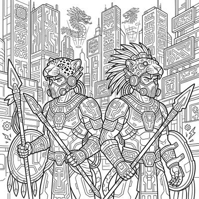 Journey to a thrilling future where ancient legends meet high-tech style with our Cyberpunk Jaguar Warriors coloring page. This intricate design blends the power of Aztec warriors with a vibrant, futuristic urban landscape, ready for your artistic touch.