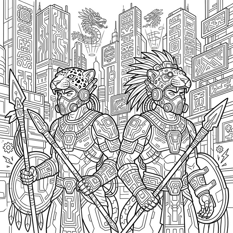 Journey to a thrilling future where ancient legends meet high-tech style with our Cyberpunk Jaguar Warriors coloring page. This intricate design blends the power of Aztec warriors with a vibrant, futuristic urban landscape, ready for your artistic touch.