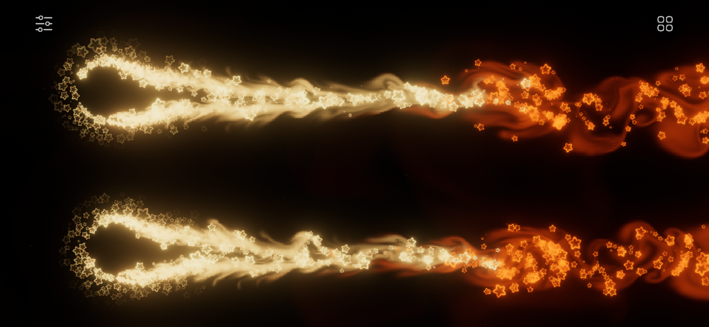 Go Particles: Anxiety Relief - Rastros brillantes de partículas en forma de estrella doradas y anaranjadas en la aplicación de alivio de la ansiedad Go Particles